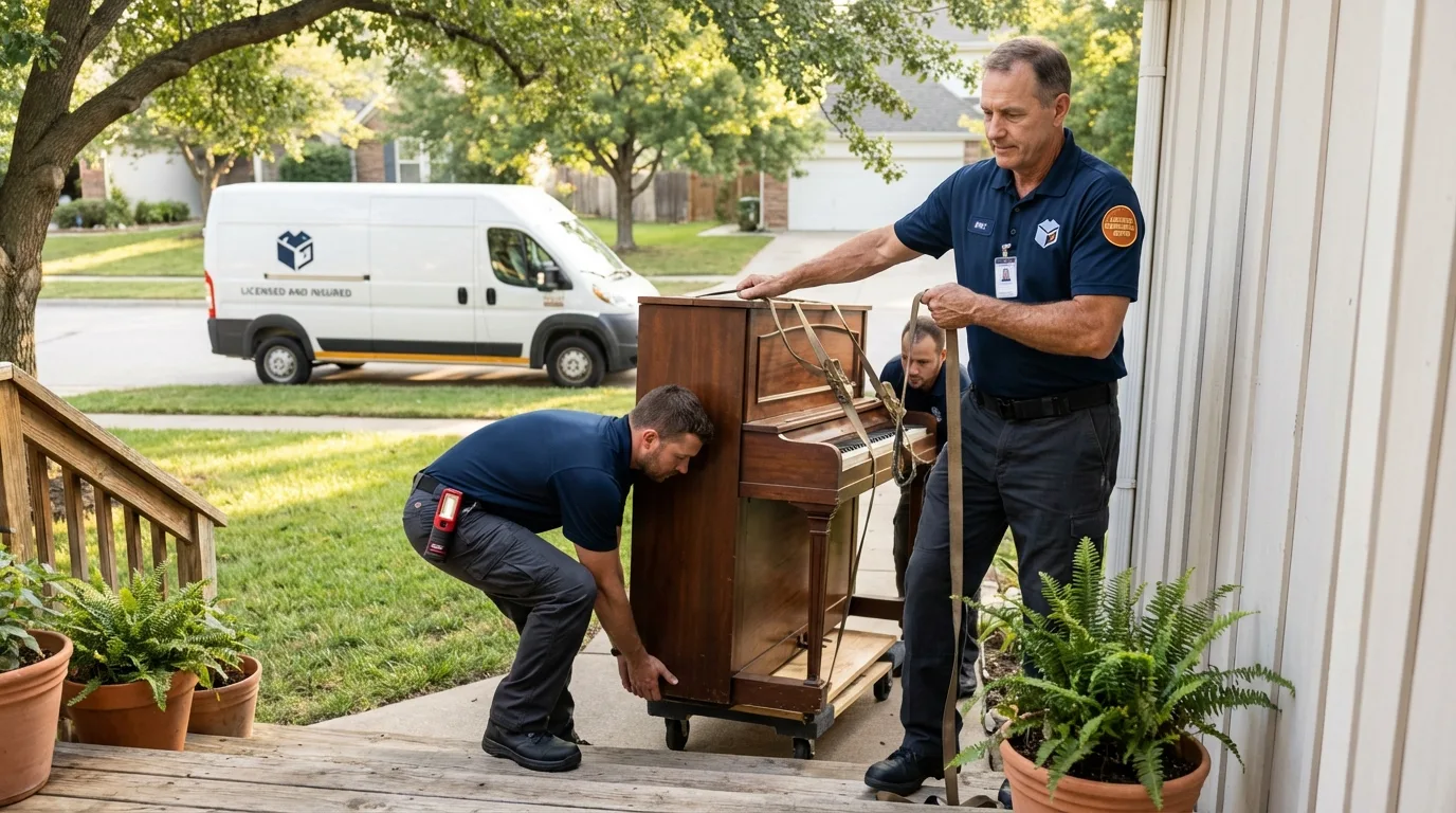 Licensed piano movers securing grand piano in Berlin, MD